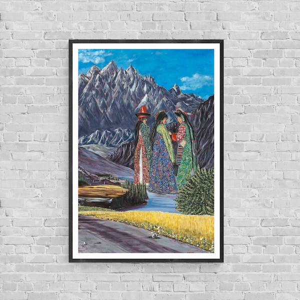 Mountain Painting, Himalayan Landscape, Archival Reproduction Print of Original Artwork, Indigenous Women Artwork, Asian Women Portrait,