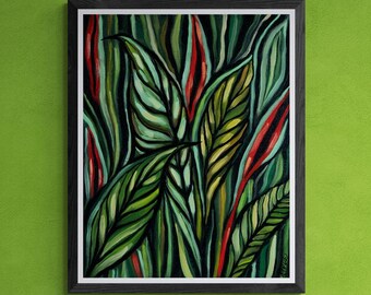 May include: An abstract painting of green, red, and yellow leaves in a black frame hangs above a yellow upholstered antique chair with dark wood trim. The wall is painted a vibrant green.