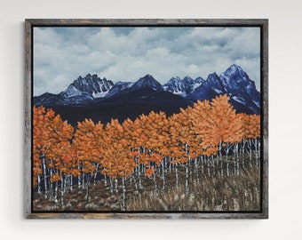 Sawtooth Mountains Painting, Idaho Landscape Print, Aspen Trees Painting, Autumn Leaves Print, Fall Colors Artwork, Pacific Northwest Art