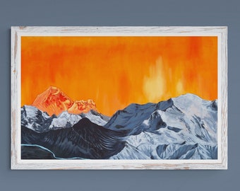 May include: A framed landscape painting of mountains under an orange sky hangs above a brown sofa with colorful throw pillows. A yellow vase with flowers and a wooden coffee table complete the living room setting.