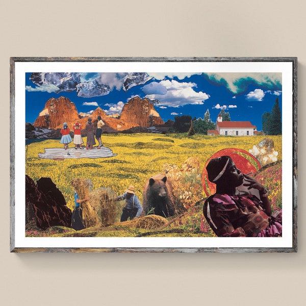 Surreal Landscape Collage Art Print African American Art Americana Folk Art Retro Art Yosemite National Park Brown Bear "Nature Vs Nurture"