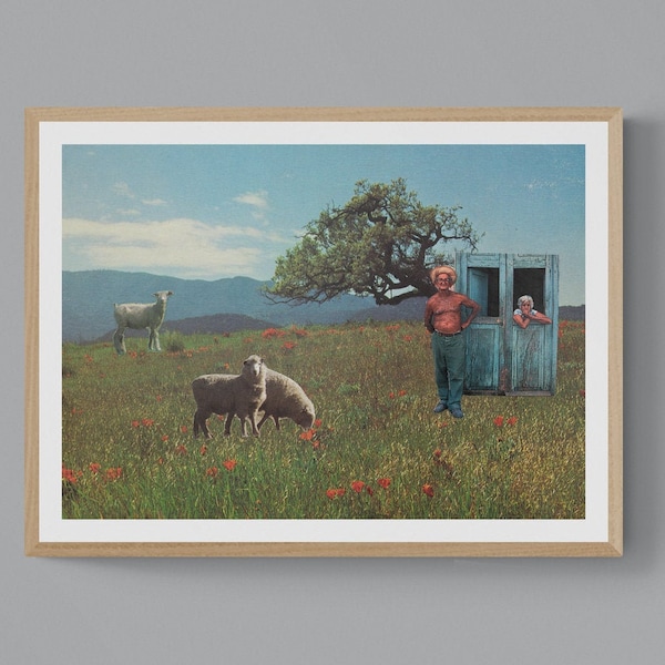 Surreal Collage Art Print New Zealand Landscape Pastoral Artwork Print Farmstead Animal Collage Old Couple Nature Collage "Family Portrait"