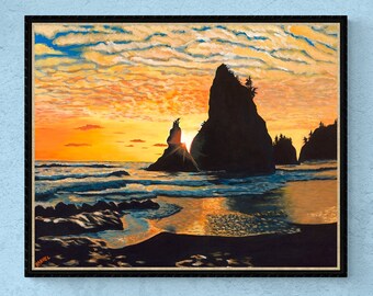 Pittura sulla spiaggia al tramonto, stampa d'arte costiera, stampa del Parco Nazionale Olimpico, stampa di pile di mare, arte della costa di Washington, stampa di riproduzione d'arte