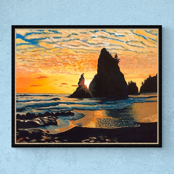 Sunset Beach Painting, Coastal Art Print, Olympic National Park Print, Sea Stacks Print, Washington Coast Art, Fine Art Reproduction Print