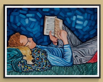 Male Portrait Art - Man and Dog - Archival Reproduction Print of Original Oil Painting - "Leo and Zelda"