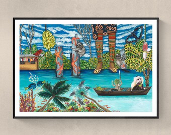 Sloth Art, Original Artwork, Archival Reproduction Print, Tropical Wall Decor, Sloth Painting, Panama, Caribbean Beach, Coral Reef Painting