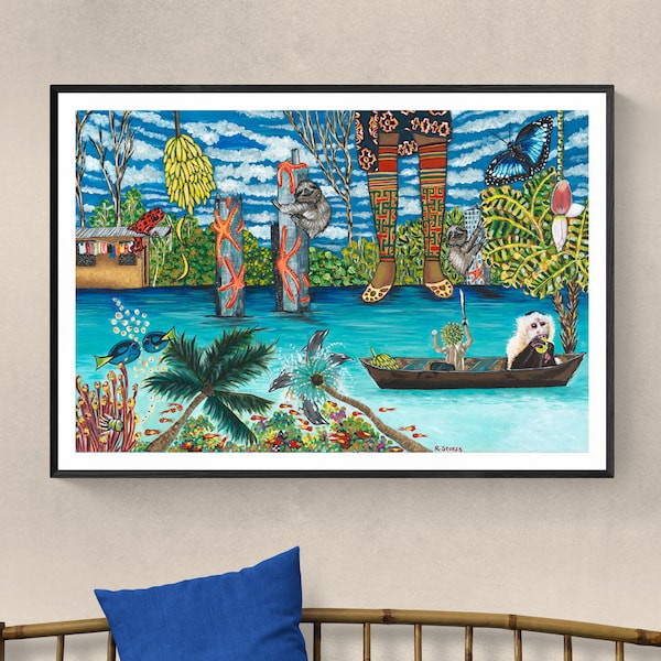 Sloth Art, Original Artwork, Archival Reproduction Print, Tropical Wall Decor, Sloth Painting, Panama, Caribbean Beach, Coral Reef Painting