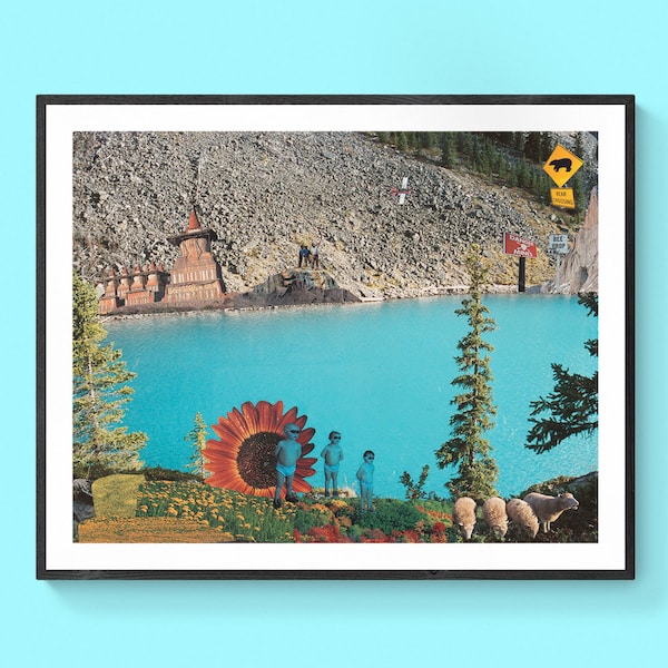 Blue Lake Print - Mixed Media Collage Art - Canadian Rockies - Child Portrait - Surrealism - "Oh, Canada"