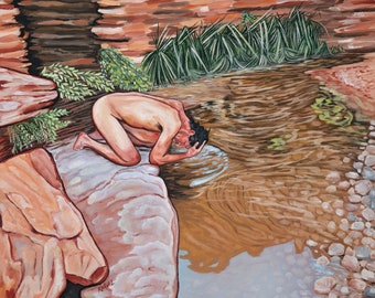 Peinture à l'huile ORIGINAL 16 x 20" - oasis du désert - art du portrait masculin - figuratif - homme - paysage désertique - Charlie, après la tempête
