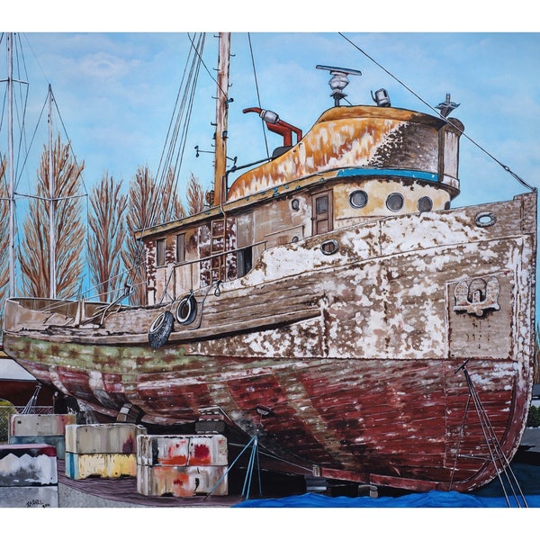Pittura in barca di legno, grande arte cartolina, The Western Flyer, Stampa d'arte nautica, John Steinbeck, Il registro dal mare di Cortez, Barca di legno
