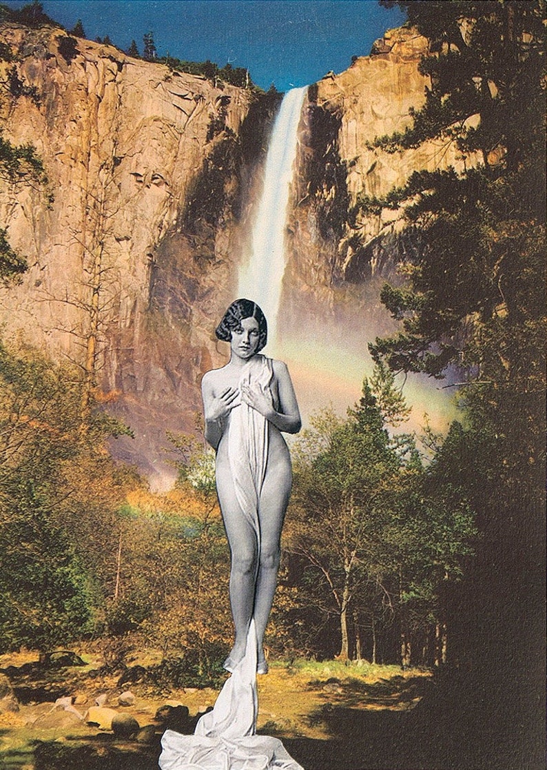 Vintage Nude Woman Surreal Collage Art Giclee Print Retro Wall Decor Yosemite National Park Art Waterfall Print Unveiled Falls image 2