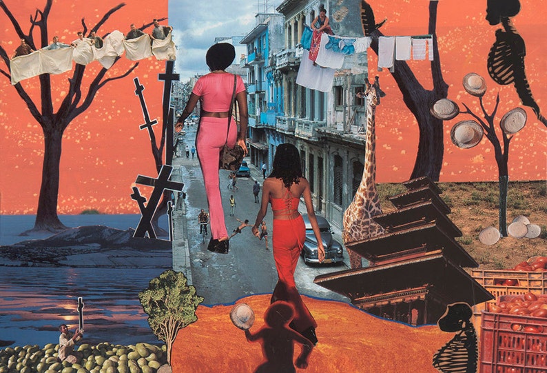 May include: A mixed media collage with a vibrant orange background. The artwork features figures walking on a street, a giraffe, architectural elements, and abstract shapes. The color palette includes pink, red, blue, and black.