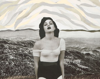 ORIGINAL 9x12 Paper Collage Art - Retrato femenino en blanco y negro - Vintage Women "Josephine"