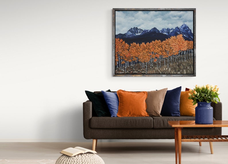 Sawtooth Mountains Painting, Idaho Landscape Print, Aspen Trees Painting, Autumn Leaves Print, Fall Colors Artwork, Pacific Northwest Art image 1