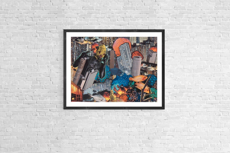 Strange Art, Surreal Collage, Giclee Print, Cityscape Artwork, Giclee Art Print, Surrealism, Weird Wall Art, Post Apocalyptic World image 1