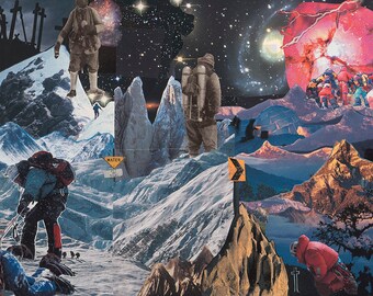 ORIGINAL Large 16x20 Paper Collage - Psychedelic Art - Surreal Mountain Landscape - "Summit Fever"