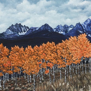 Sawtooth Mountains Painting, Idaho Landscape Print, Aspen Trees Painting, Autumn Leaves Print, Fall Colors Artwork, Pacific Northwest Art zdjęcie 2