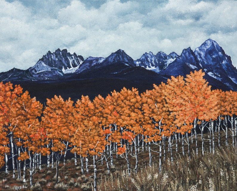 Sawtooth Mountains Painting, Idaho Landscape Print, Aspen Trees Painting, Autumn Leaves Print, Fall Colors Artwork, Pacific Northwest Art image 2