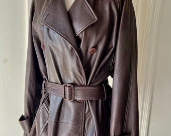 Joseph London, Vintage 1980's, Brown, Pebble-leather, 2 pocket, Tie Belt, Trench Coat