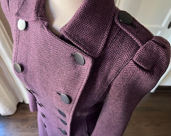 Betsey Johnson, Vintage, Aubergine, Herringbone Tweed, Pleated Back Hem,  Wool/Viscose Coat,  Size 6