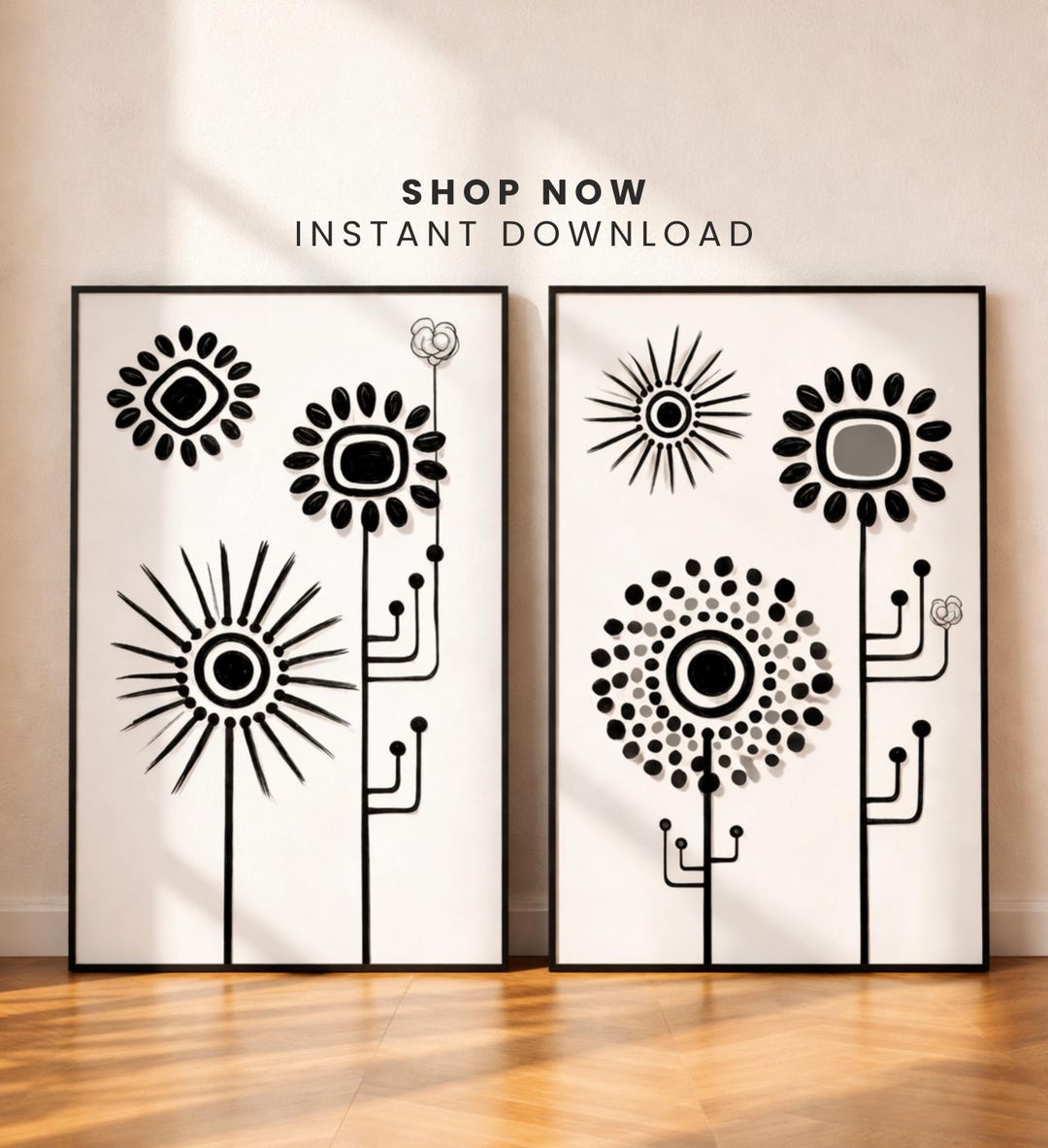 Black and White Abstract Floral Wall Art Print, Boho Botanical ...