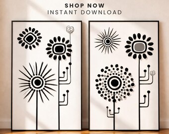 Black and White Abstract Floral Wall Art Print, Boho Botanical Printable, Minimalist Digital Download