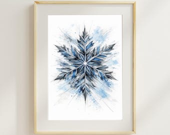 Blue Watercolor Snowflake Print, Geometric Winter Wall Art (Digital Download)