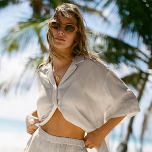 Women’s Muslin Oversize Shirt – Short Sleeve, Loose Fit, Summer Cotton Blouse, Boho Beachwear, Minimalist Natural Top