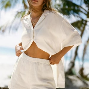 Women’s Muslin Oversize Shirt – Short Sleeve, Loose Fit, Summer Cotton Blouse, Boho Beachwear, Minimalist Natural Top