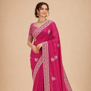 Sari rosa bordado para mujer, saris con bordados, conjunto de lentejuelas