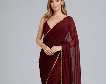 Maroon Chiffon Saree For Women, Cutdana Border Lace, Party Wear Outfit