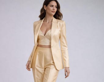 Light Gold Satin Silk Blazer Suit, High Waist Trousers | Wedding Guest Outfit | Tailored Pants