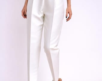 White Satin Silk Trousers, High Waist Pants, Formal Office Wear Slacks
