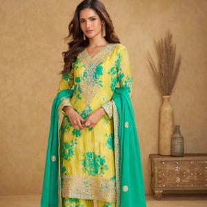 Enchanting Yellow Embroidered Chinon Ready to Wear Fully Stitched Pakistani Palazzo Suit For UK Women, Hand Work, Trendy Festive Wear Outfit