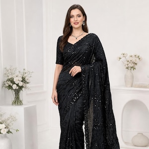 Black Sequins Saree For Women, Partywear Outfit, Wedding Sarees, Cutdana Handmade