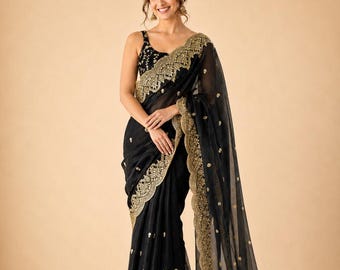 Black Embroidered Fendy Chiffon Saree for Women, Indian Festive Wedding Guest Outfit
