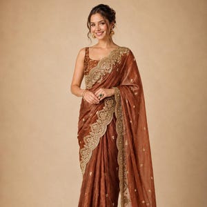 Women wearing Brown Embroidered Fendy Chiffon Saree for wedding, Party wear Outfit for UK Girls