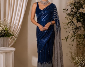 Blue Saree For Women, Sequins Embroidered, Party Wear Outfit, Wedding Guest Cloth