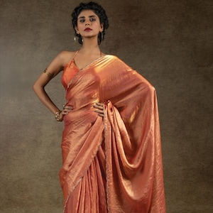 Elegant Orange Zarkhan Hand Work Space Silk Festive Wear Saree For UK Women, Diamond Embellished Border, Elegant Wedding Wear Saree, Sari.