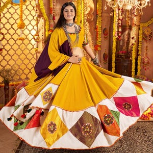 Navratri Special Yellow Viscose Cotton Kutchi Work Fully Stitched Lehenga Choli For USA Women, Garba Outfit For UK Girl, Dandiya Night Dress