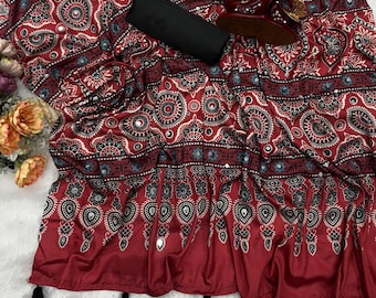 Krepp Seide Ajrakh Saree für Frauen, Echte Spiegel Handarbeit, Quasten, Party Wear Sarees