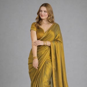 Sari de gasa Fendy verde oscuro, sari de fiesta bicolor con adornos hechos a mano.