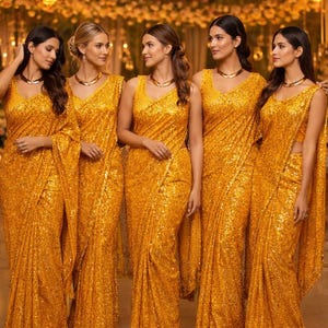 Sari de georgette color mostaza con lentejuelas bordadas para mujer, atuendo festivo para damas de honor, saris para la ceremonia Haldi.