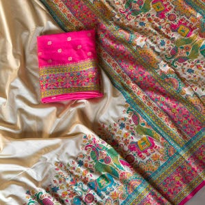 Floor shot of Handmade Cream Pashmina Silk Saree, Zari Weaving, Darbari Woven Pallu, Festive Wear Saree for UK Women