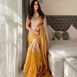 Trending Beige Digital Print Soft Tissue Zari Shine Festive Wear Saree For USA Women, Ceremonial Saree, Haldi Function Outfit, Yellow Saree
