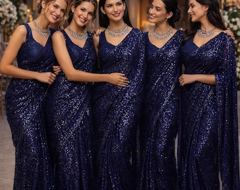 Navy Blue Georgette Saree for Women, Bridesmaid Outfit, Sequins Embroidered Sarees
