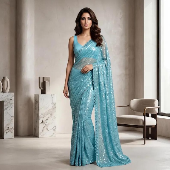 Sky Blue Embroidered Georgette Saree, Festive Sarees, Wedding Guest Outfit