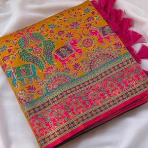 Floor shot of Handmade Yellow Pashmina Silk Saree, Zari Weaving, Darbari Woven Pallu, Festive Wear Saree for UK Women
