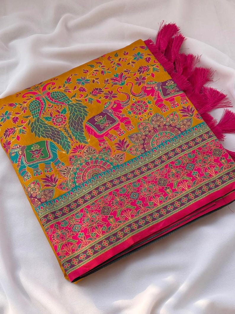 Floor shot of Handmade Yellow Pashmina Silk Saree, Zari Weaving, Darbari Woven Pallu, Festive Wear Saree for UK Women