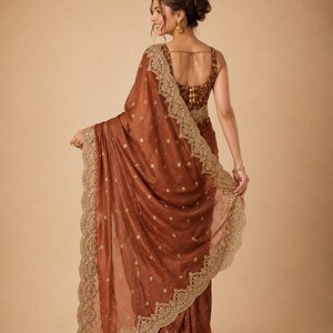Back pose of Women wearing Brown Embroidered Fendy Chiffon Saree for weddding, Party wear Outfit for UK Girls
